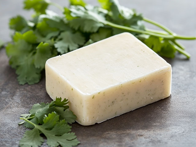 Fresh cilantro surrounds a bar of soap