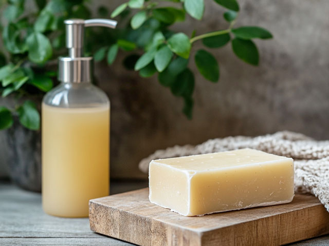 A bar of soap and a bottle of liquid soap awaiting packing