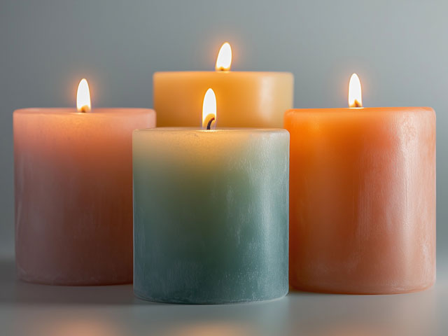 Four lit Bath & Body Works candles burning