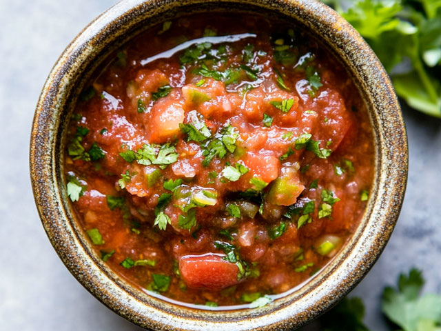 A bowl of fresh salsa next to a handful of fresh cilantro leaves