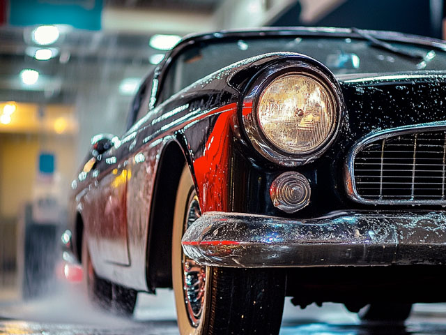 A classic car at the car wash getting washed