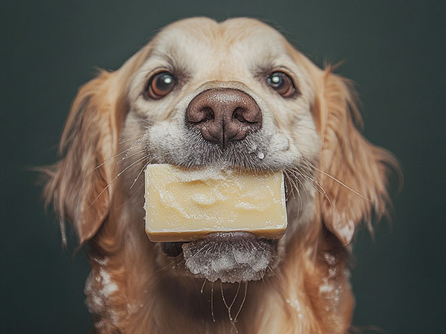 A golden eating a bar of soap