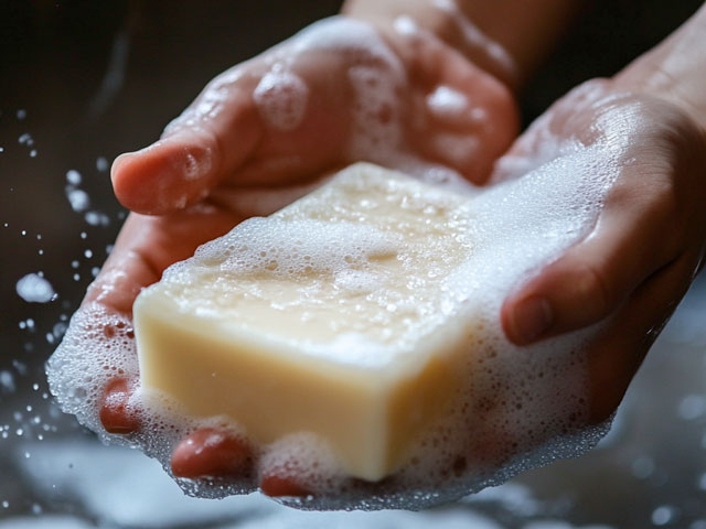 A bar of lathered up soap working to clean a pair of hands