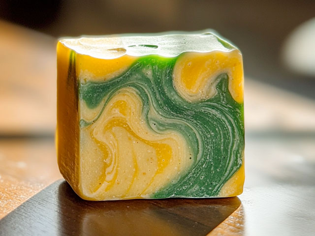 An organic bar of soap sitting on a table midday.