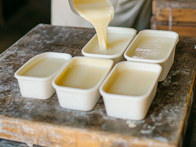 A soapmaker pouring their long-lasting formula soap into a soap mold to cool