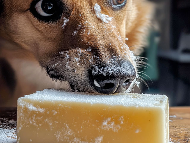 A puppy chewing on a bar of soap