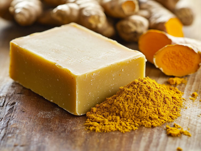 Some raw turmeric and turmeric powder surrounding a bar of turmeric soap