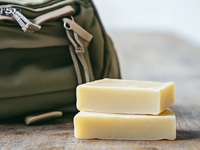 Two bars of soap sit next to a backpack waiting to be packed for air travel